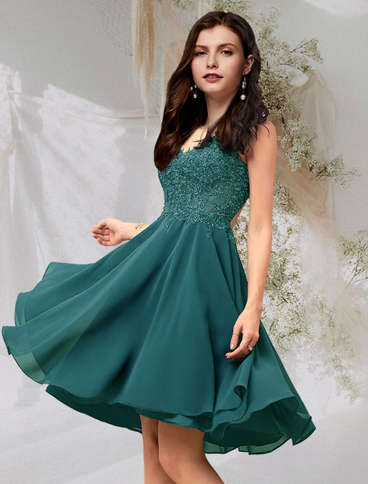 A-Line Cocktail Dresses Elegant Dress Homecoming Graduation Short / Mini Sleeveless V Neck Chiffon Backless with Beading Lace Insert Christmas Dress