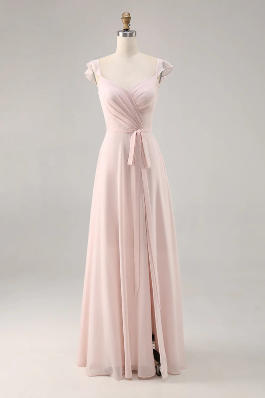 Candy Pink Chiffon Ruched Long Bridesmaid Dress with Slit