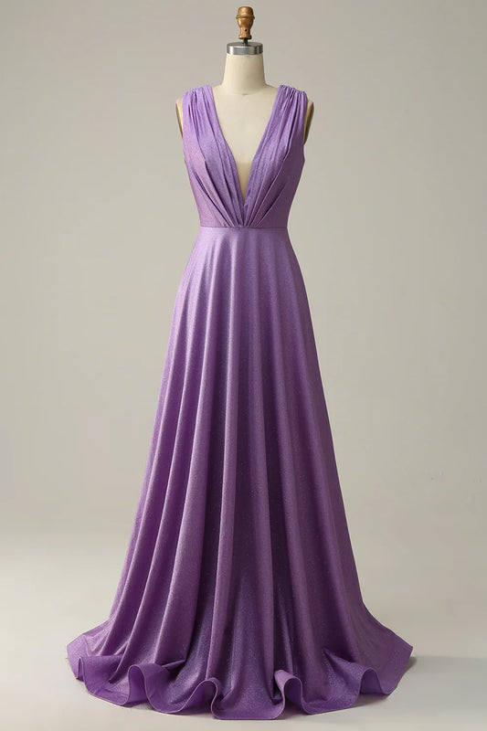 Purple Deep V Neck Ruched Prom Dress