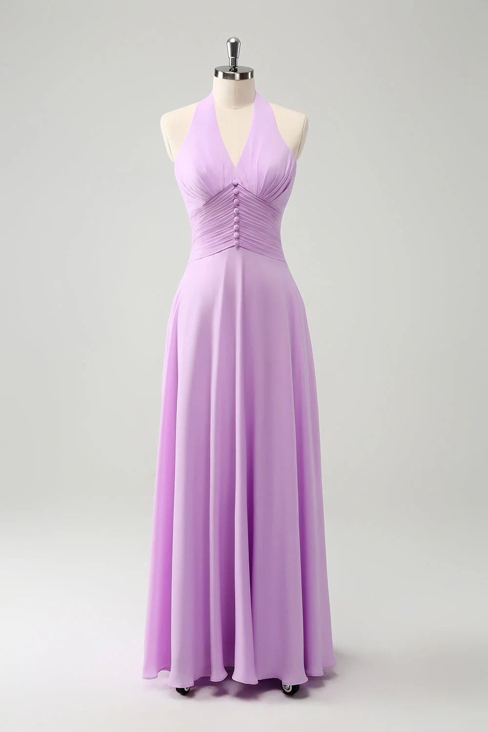 Purple A Line Halter Chiffon Long Backless Bridesmaid Dress