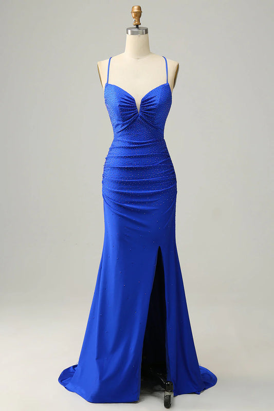 Mermaid Spaghetti Straps Royal Blue Long Prom Dress With Beading