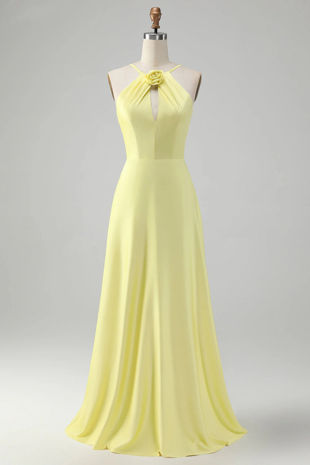 Yellow A Line Halter Cut Out Long Bridesmaid Dress With Flower