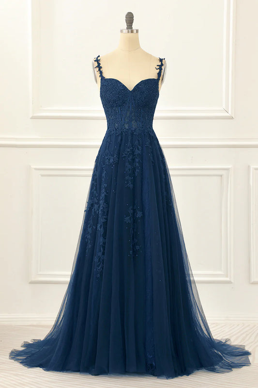 A Line Spaghetti Straps Lace Navy Prom Dress With Appliques