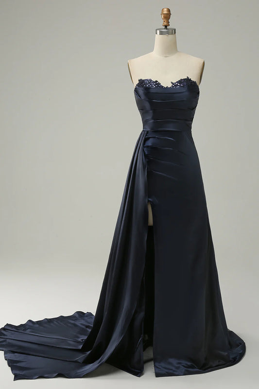 Navy Strapless Sweetheart Long Prom Dress With Split