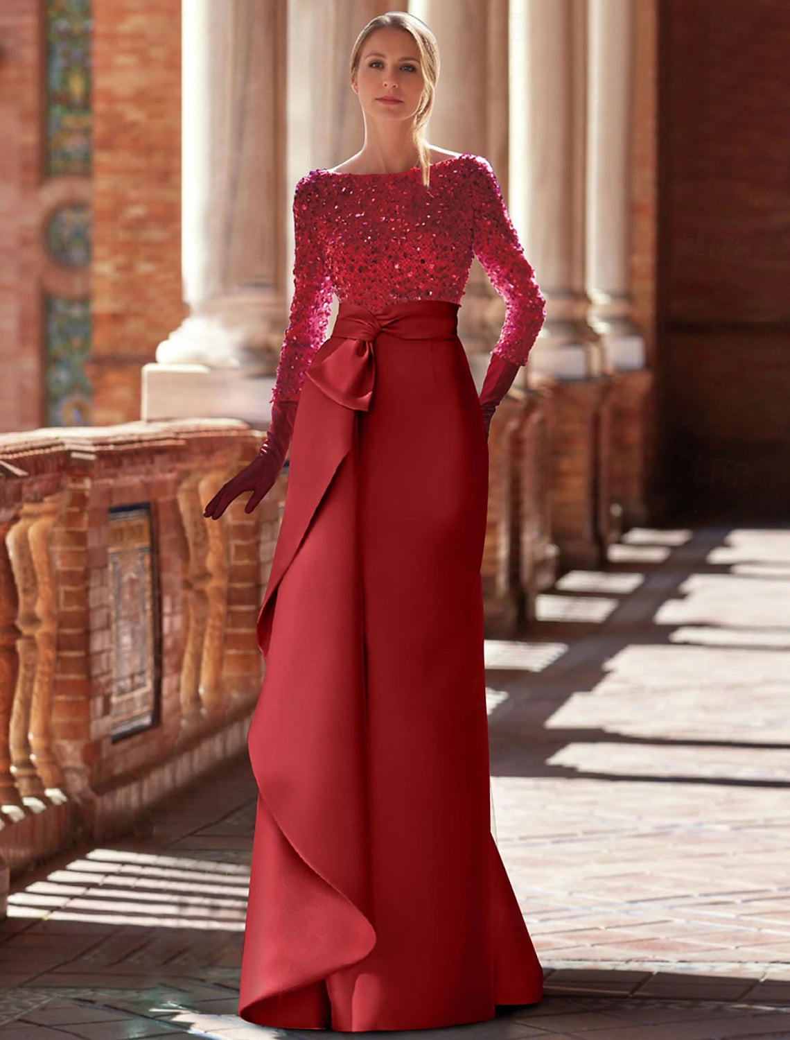 A-Line Evening Gown Elegant Dress Formal Christmas Floor Length Long Sleeve Jewel Neck Satin with Glitter Ruffles