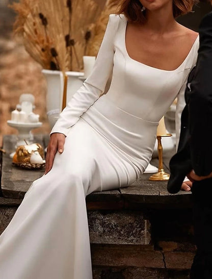 Beach Wedding Reception Open Back Royal Style Simple Wedding Dresses Mermaid/Trumpet Square Neck Long Sleeve Court Train Satin Bridal Gowns With Solid Color Summer and Fall Wedding Party dress