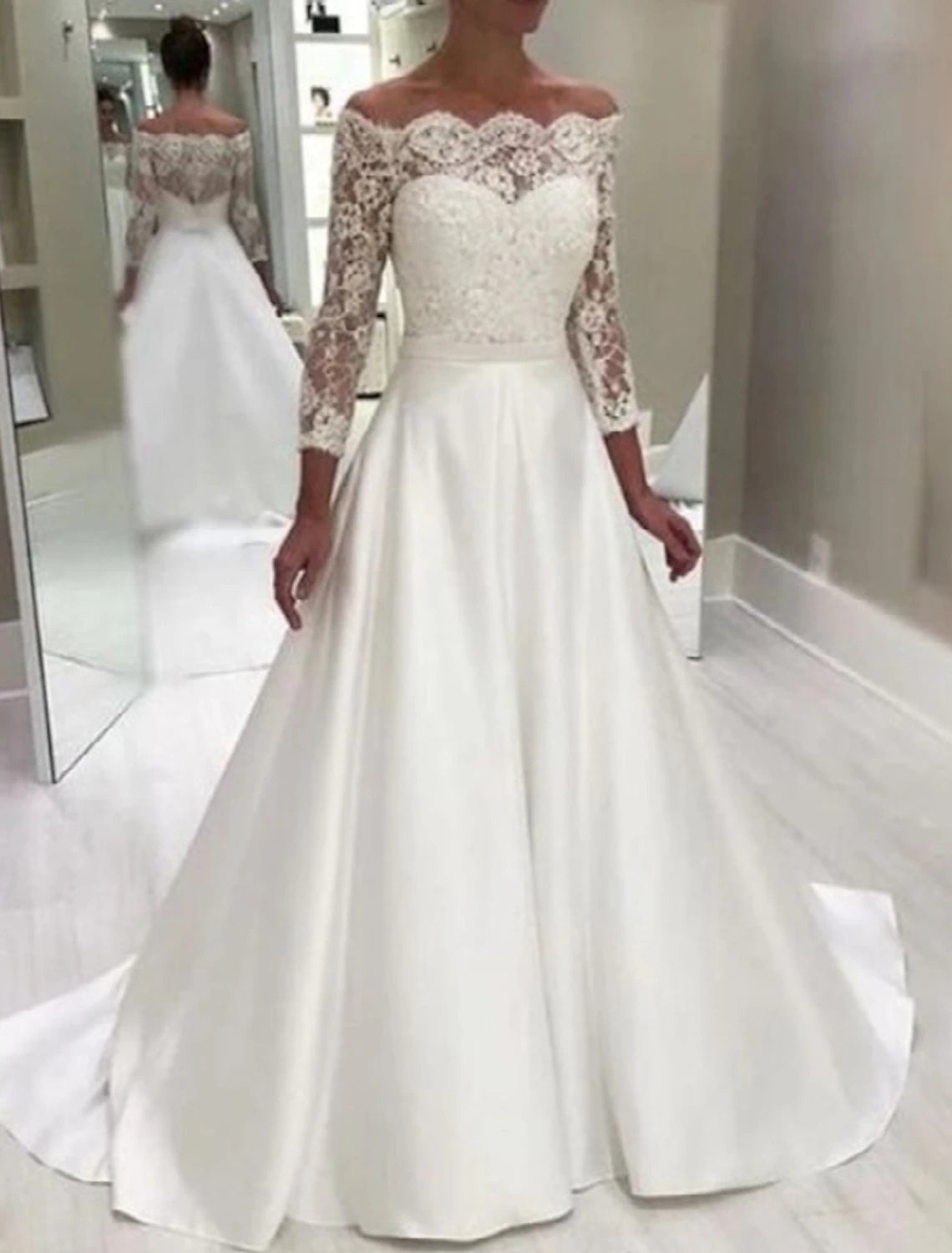 Engagement Formal Wedding Dresses Ball Gown Off Shoulder Long Sleeve Court Train Satin Bridal Gowns With Beading Appliques