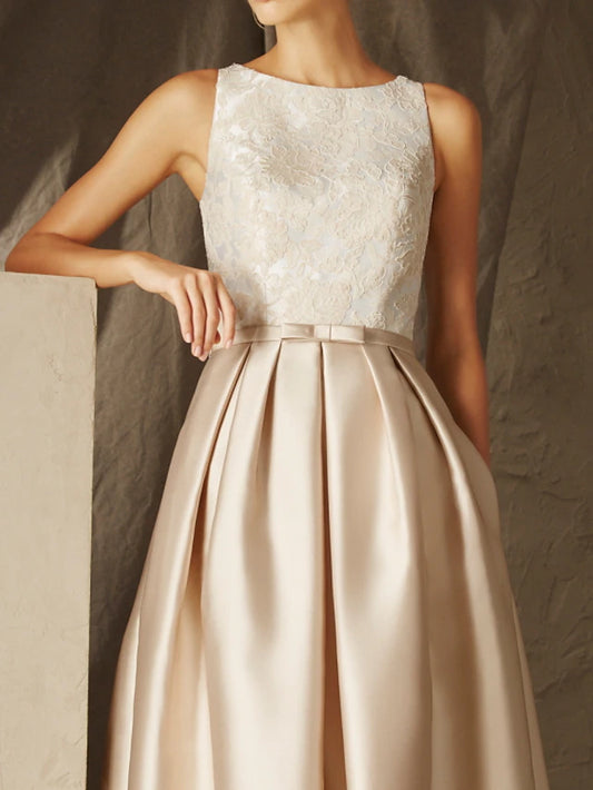 A-Line Party Dress Empire Elegant Wedding Guest Formal Evening Dress Jewel Neck Sleeveless Floor Length Satin with Sash / Ribbon Pleats Appliques dress