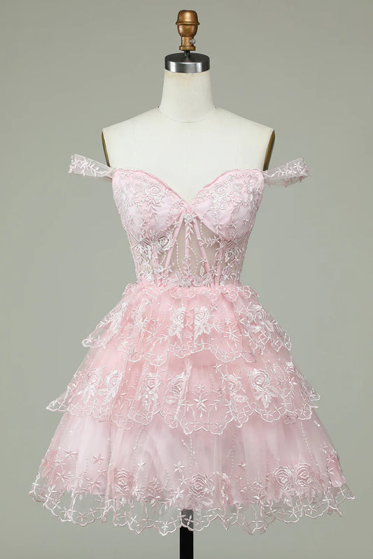 Pink Off the Shoulder Corset Homecoming Dress with Lace