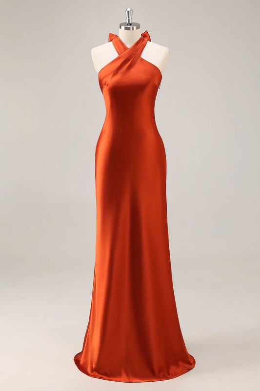 Rust Halter Satin Mermaid Long Bridesmaid Dress with Bow