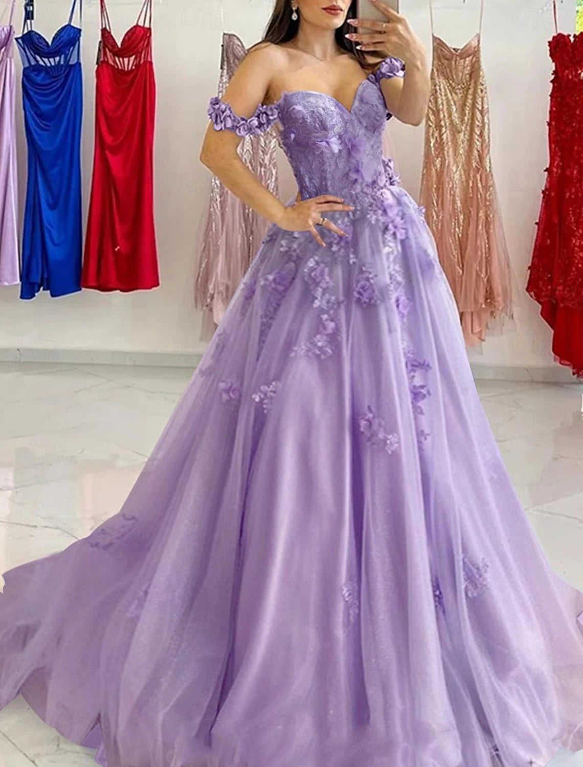 A-Line Prom Dresses Elegant Dress Formal Sweep / Brush Train Sleeveless Sweetheart Tulle with Pleats Sequin Appliques dress to impress