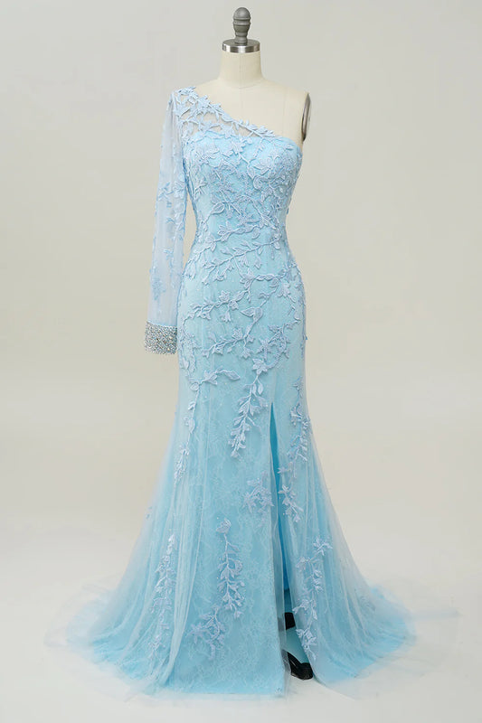 One-Shoulder Sky Blue Mermaid Prom Dress