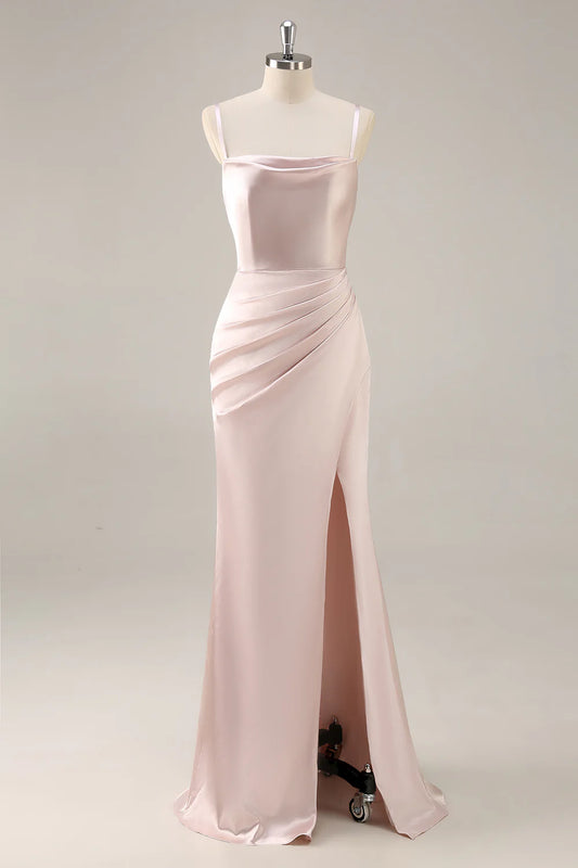 Candy Pink Mermaid Ruched Satin Long Bridesmaid Dress with Slit