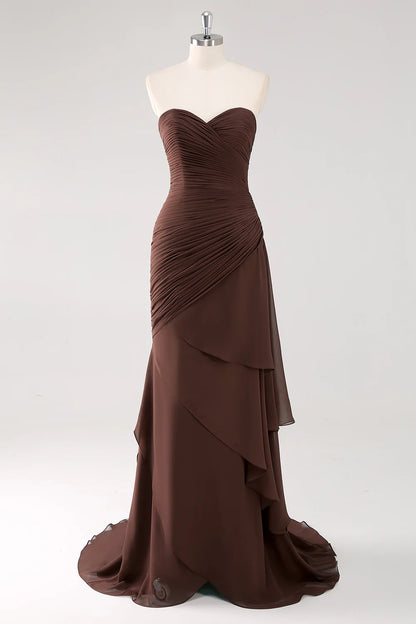 Dark Brown Sweetheart Ruched Long Formal Dress with Ruffles