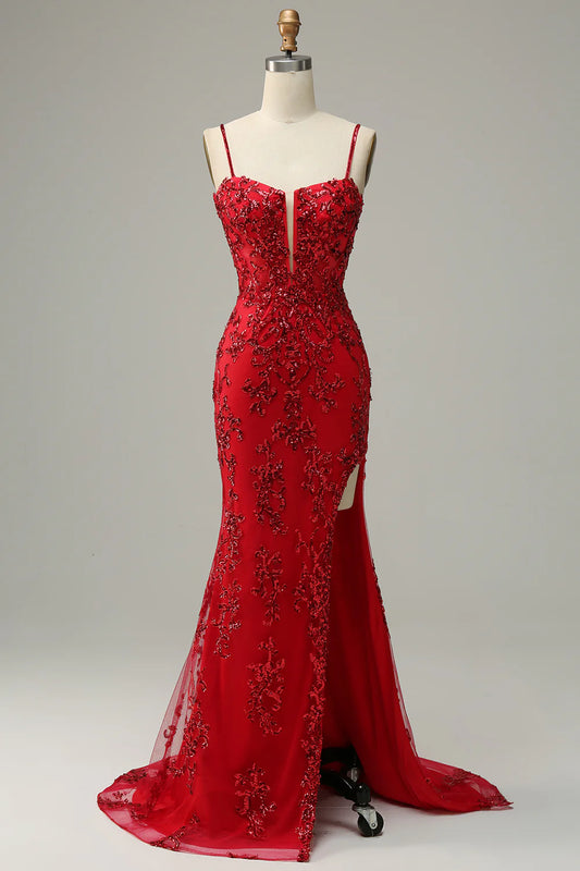 Red Spaghetti Straps Appliques Prom Dress With Slit