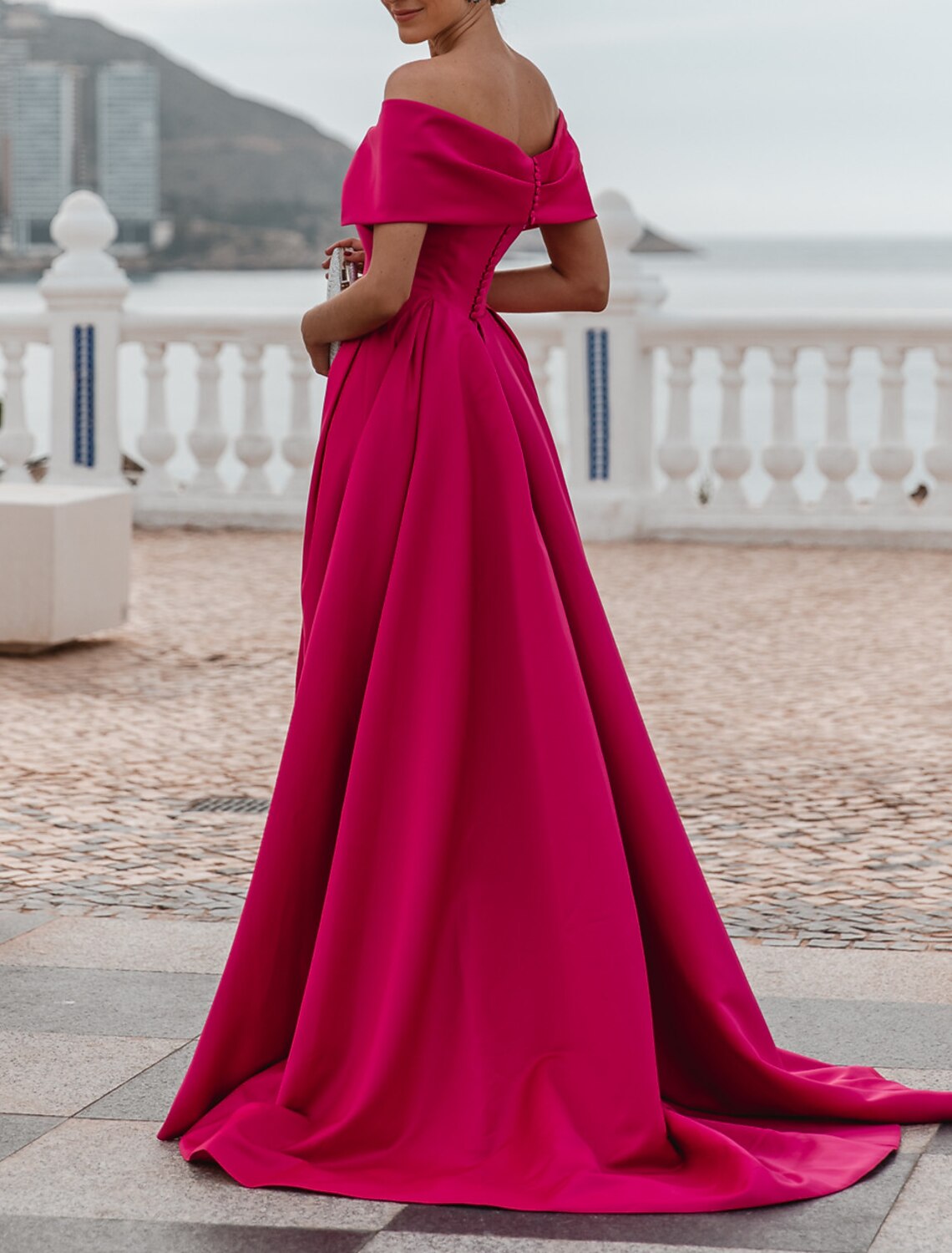 A-Line Evening Dress Wedding Guest Party Dress Celebrity Style Dress Formal Wedding Court Train Sleeveless Off Shoulder Bridesmaid Dress Satin with Ruched Slit dress