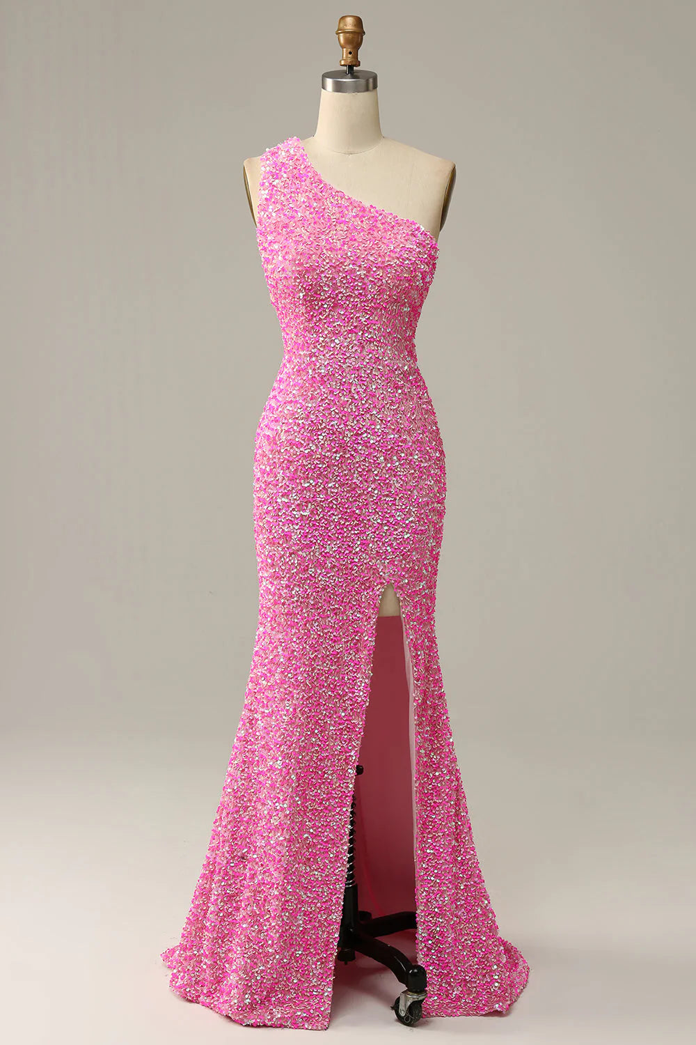 One-Shoulder Sequins Fuchsia Prom Dress With Slit