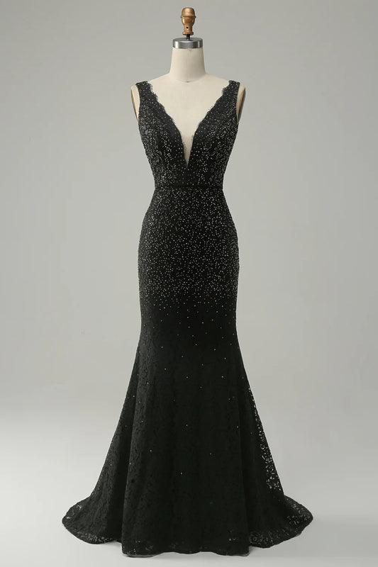Mermaid Beaded V-Neck Black Prom Dress
