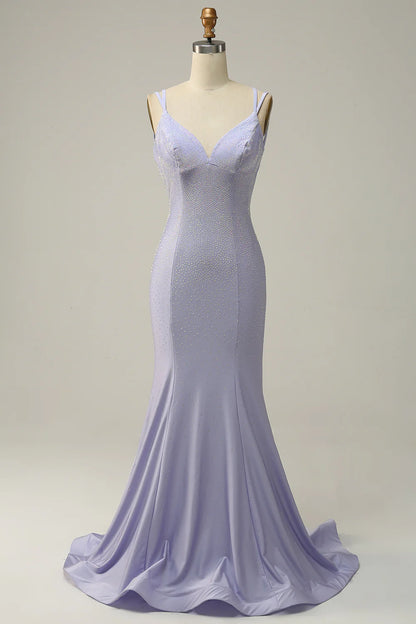 Lilac Rhinestone Spaghetti Straps Mermaid Prom Dress