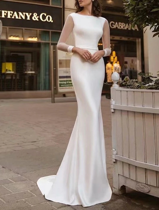 Reception Royal Style Simple Wedding Dresses Mermaid / Trumpet Scoop Neck Long Sleeve Sweep / Brush Train Satin Bridal Gowns With Solid Color Summer Wedding Party