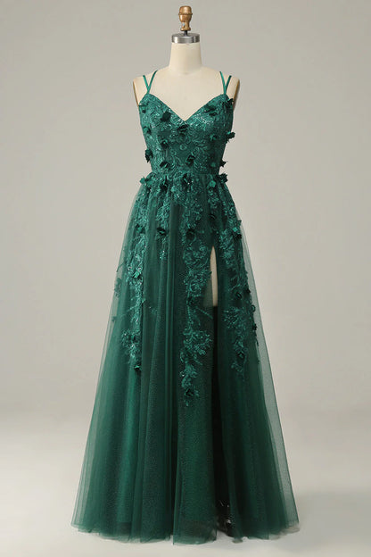 Dark Green A Line Tulle Prom Dress With Slit