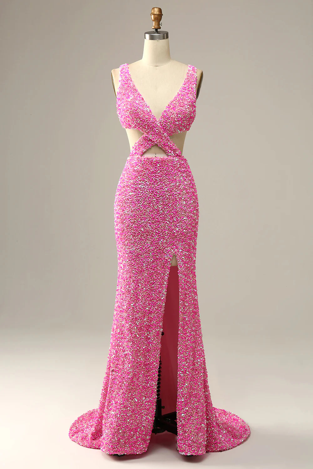 Straps Fuchsia Sequins Prom Dress