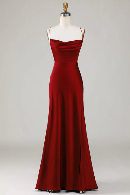 Lace-Up Back Burgundy Long Bridesmaid Dress With Slit