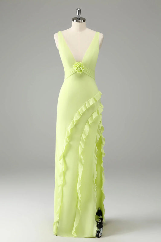 Lime Deep V Neck Ruffles Wedding Guest Dress With Slit