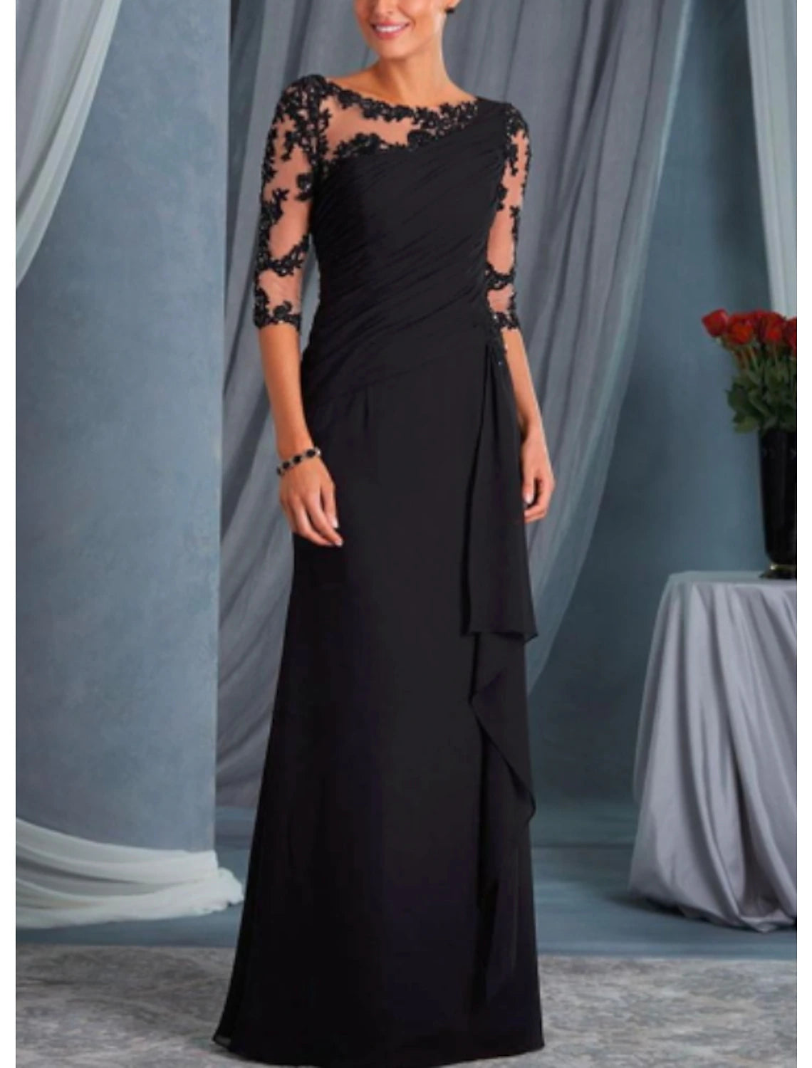 A-Line Mother of the Bride Dress Wedding Guest Plus Size Bateau Neck Floor Length Chiffon Lace Half Sleeve with Draping Appliques dress