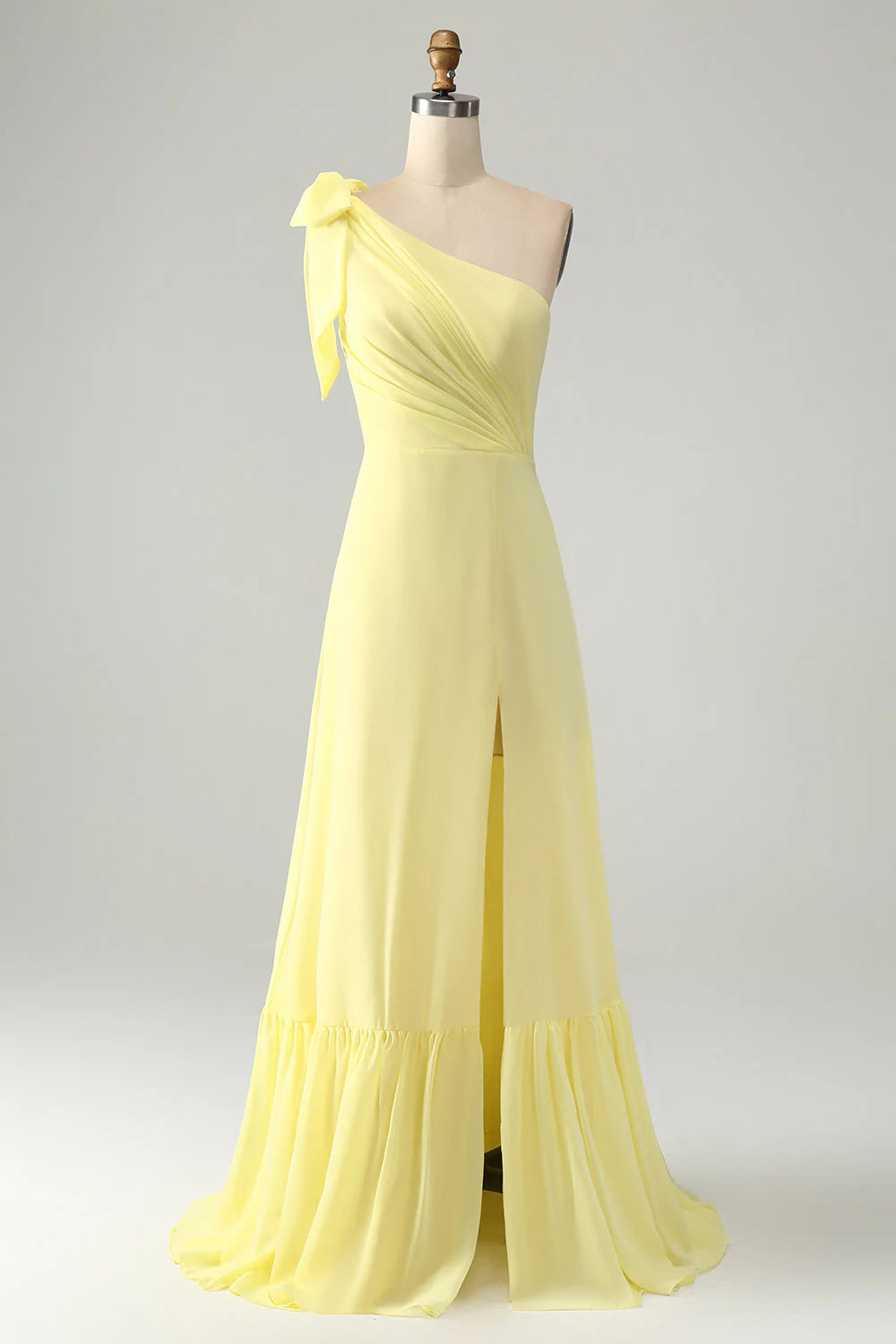 A Line One Shoulder Yellow Long Wedding Guest Dress With Slit