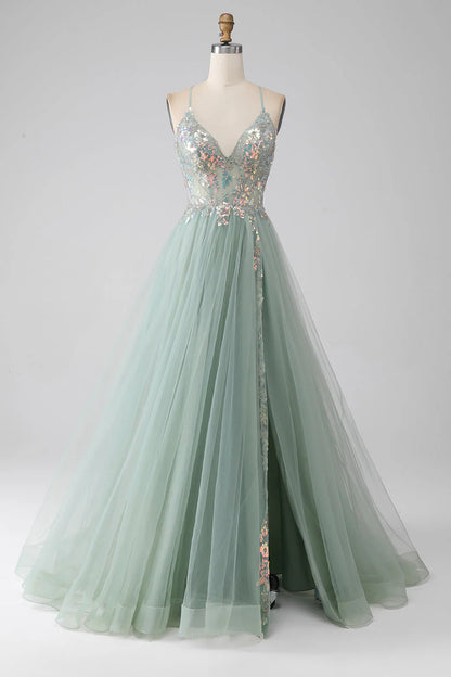 A-Line Beaded Light Green Prom Dress With Slit