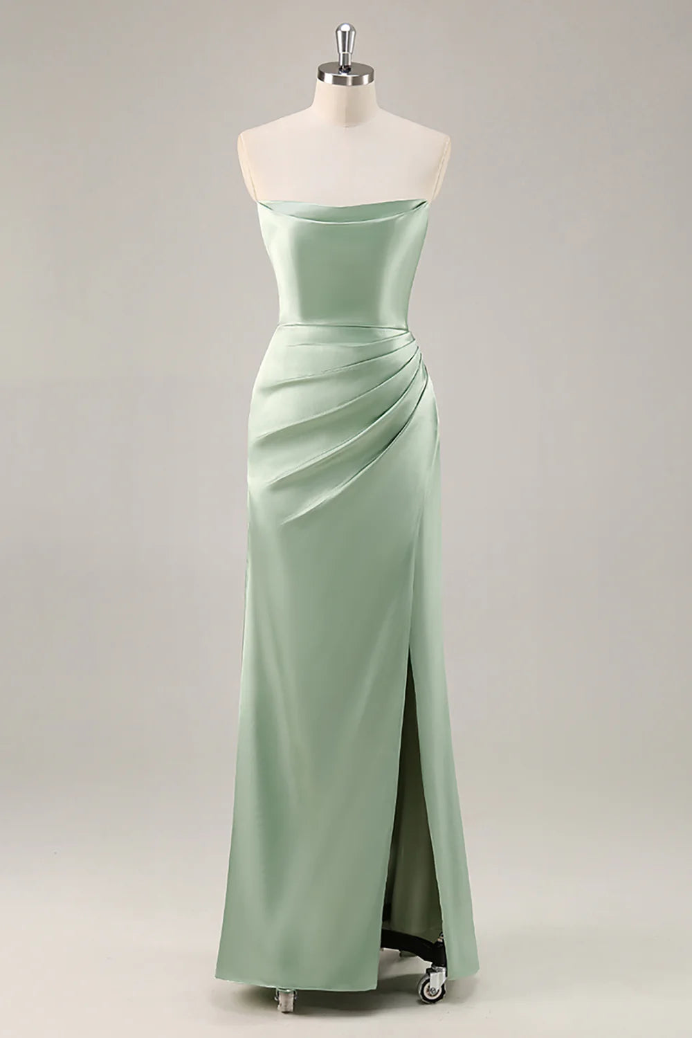 Sage Green Satin Strapless Ruched Long Bridesmaid Dress with Slit