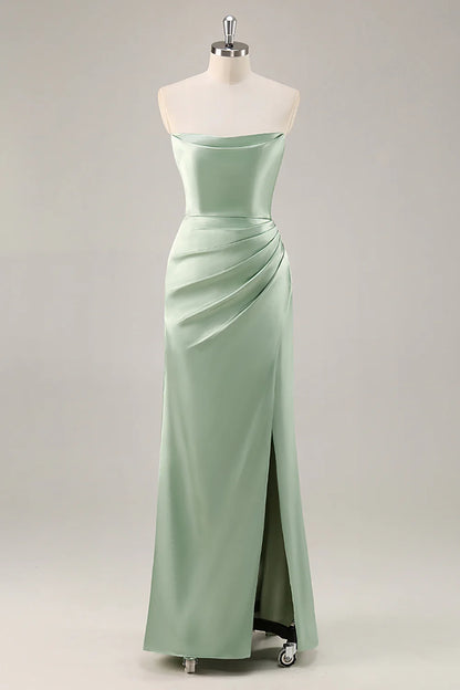 Sage Green Satin Strapless Ruched Long Bridesmaid Dress with Slit