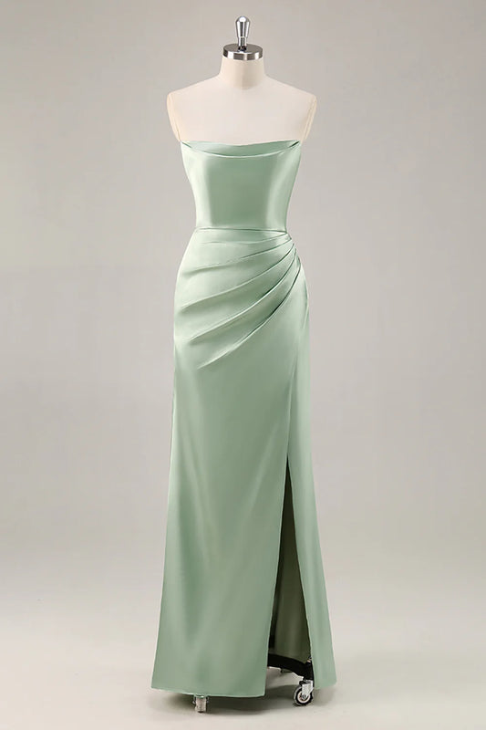 Sage Green Satin Strapless Ruched Long Bridesmaid Dress with Slit
