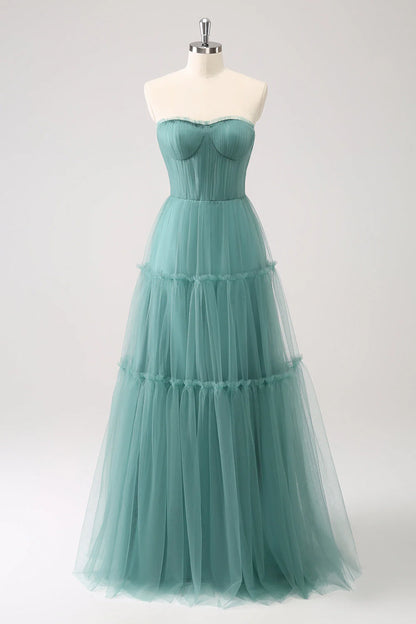 Eucalyptus Strapless Corset Tulle A-Line Bridesmaid Dress