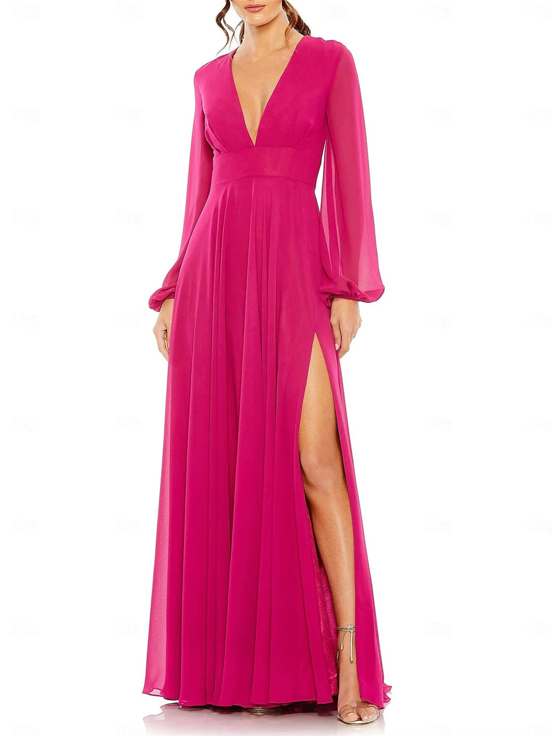 A-Line Floor Length Long Sleeve V Neck Wedding Guest Dresses Chiffon with Pleat