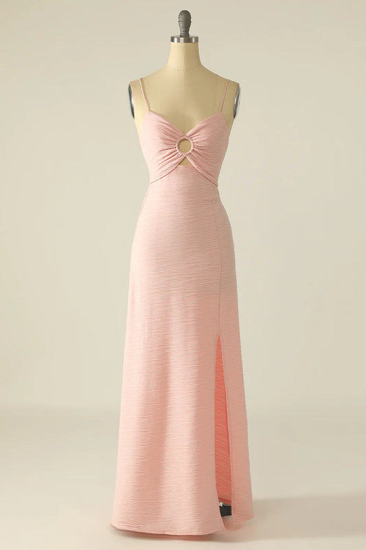 Pink Spaghetti Straps Cut Out Wedding Guest Dress With Bow