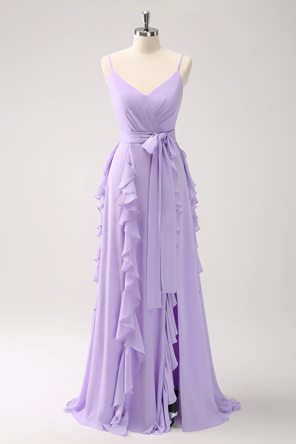 Lilac Chiffon Spaghetti Straps Long Bridesmaid Dress With Slit