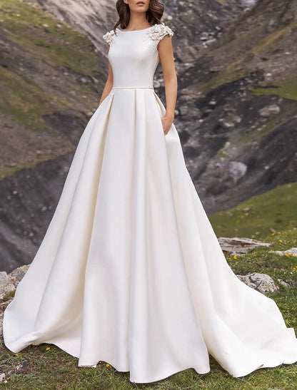 Wedding Dresses Ball Gown Boat Neck Cap Sleeve Chapel Train Satin Bridal Gowns With Appliques Solid Color