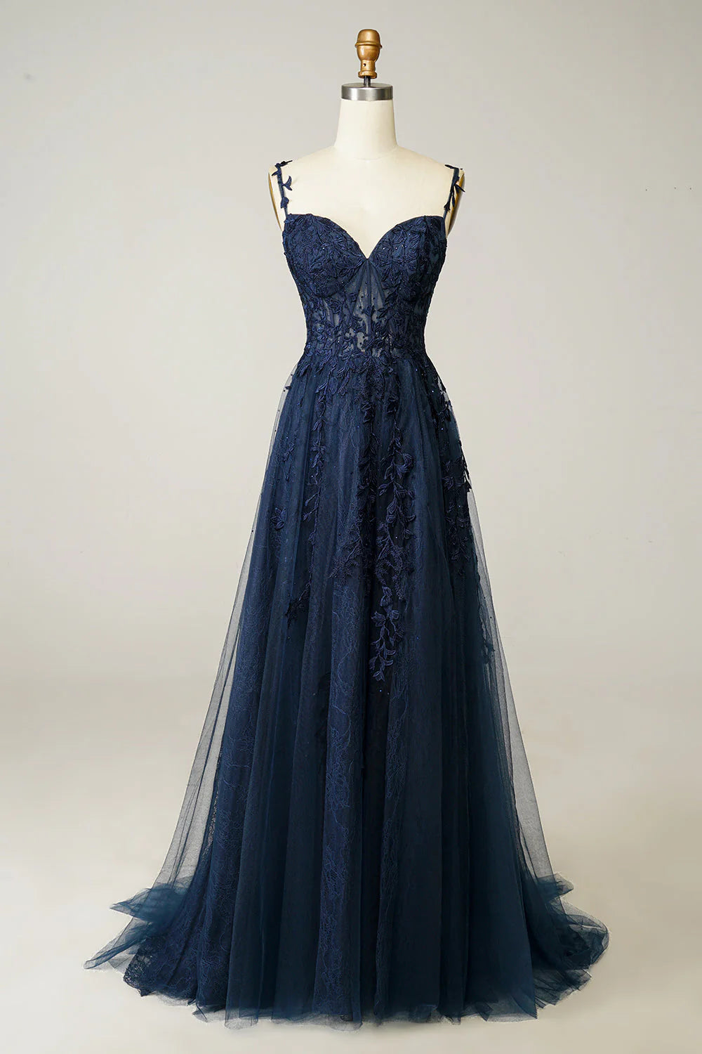 A Line Spaghetti Straps Navy Prom Dress With Appliques