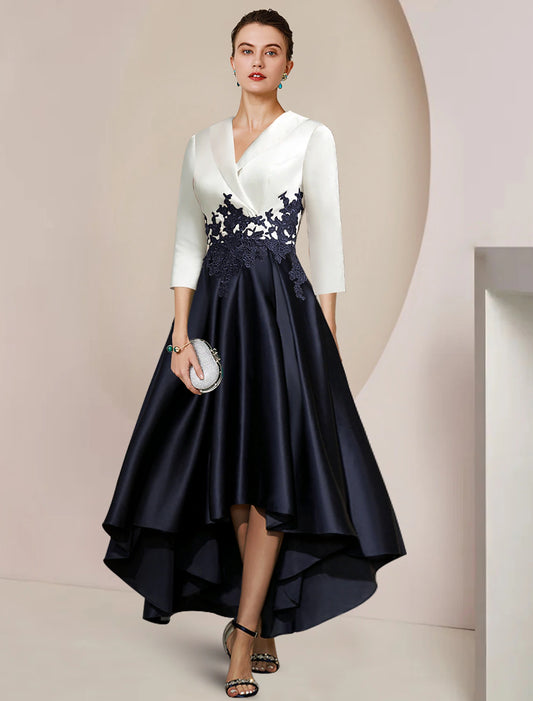 A-Line Mother of the Bride Dress Formal Wedding Guest Elegant High Low Shirt Collar Asymmetrical Tea Length Satin Lace 3/4 Length Sleeve with Appliques Color Block dress