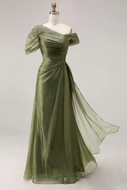 Dusty Sage Chiffon A Line Ruched Long Formal Dress with Side Cape