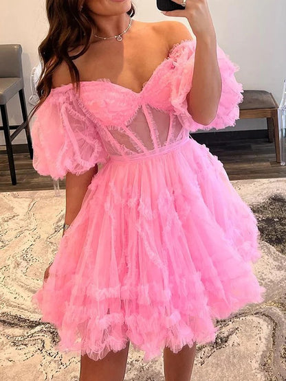 A-Line/Princess Tulle Ruffles Off-the-Shoulder Short Sleeves Corset