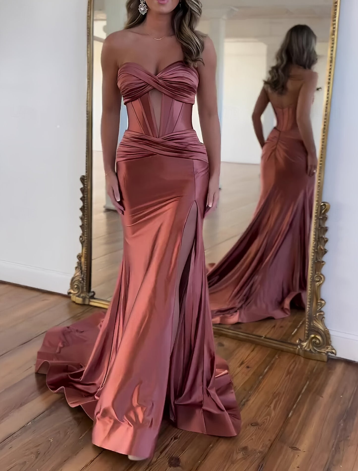 A-Line Prom Dresses Elegant Dress Formal Floor Length Sleeveless Strapless Satin with Ruched Slit