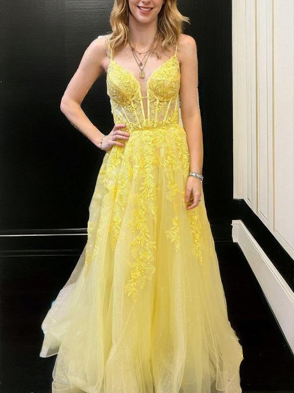 A-Line/Princess Tulle Applique V-neck Sleeveless Floor-Length Corset Dresses