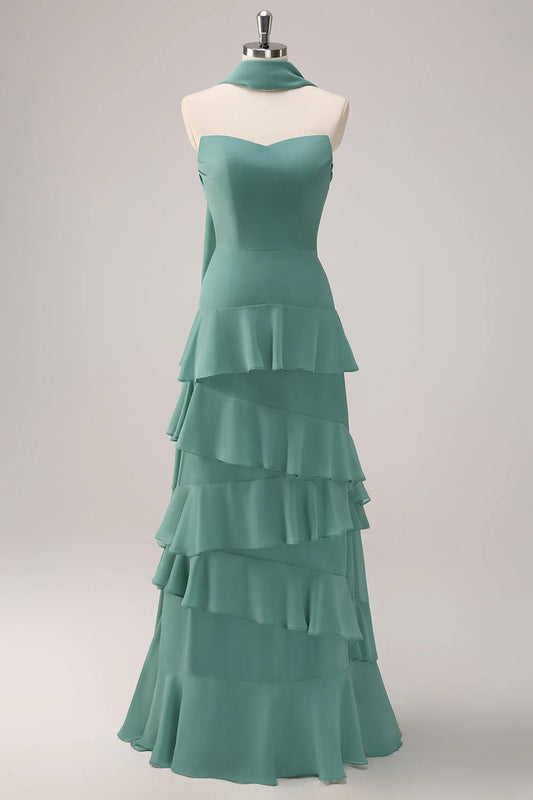 Eucalyptus Strapless Ruffled Bridesmaid Dress With Ribbon