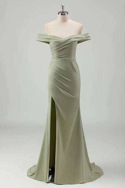 Off The Shoulder Sage Long Bridesmaid Dress with Slit