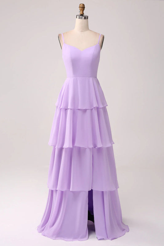 A Line Spaghetti Straps Tiered Chiffon Lilac Bridesmaid Dress With Slit