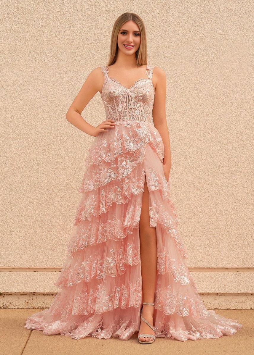 A-Line Lace Off-the-Shoulder Tiered Long Prom Dress with Slit