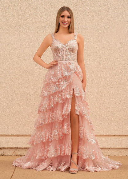 A-Line Lace Off-the-Shoulder Tiered Long Prom Dress with Slit